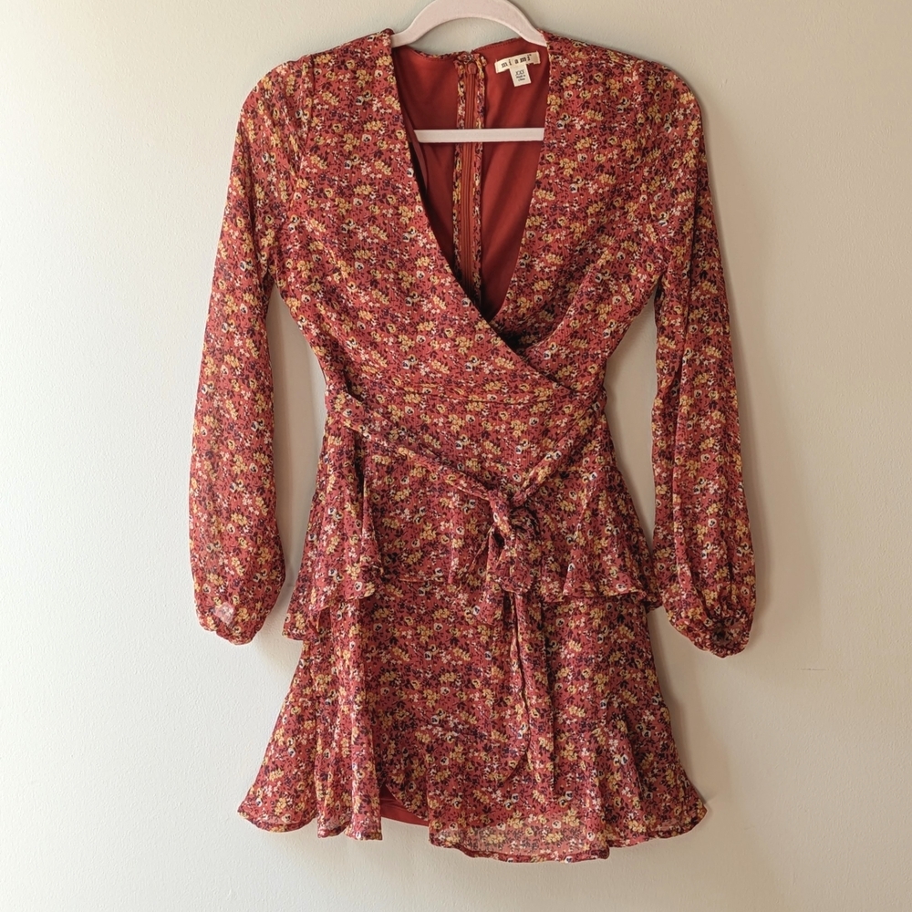 MiAmi Floral Long Sleeves Wrap Mini Dress -Terracotta/yellow flowers V-Neck